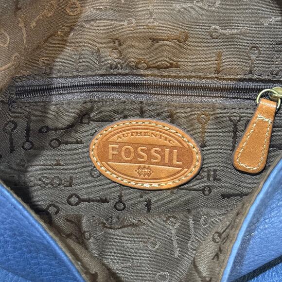 Fossil Blue Pebbled Leather Crossbody Bag Brown Trim Vintage Style - Picture 12 of 15